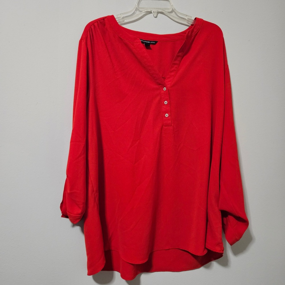 Zac & Rachel Woman Red Roll Tab Sleeve Henley Blouse 2X Plus Size‎ Crepe Top